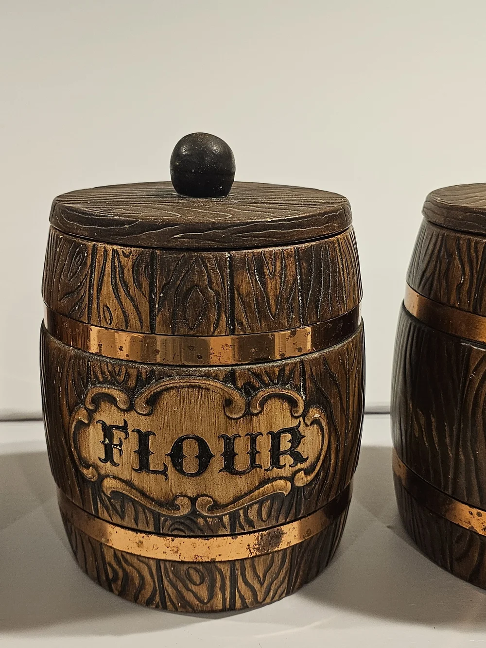 Vintage Treasure Craft Wood Grain Barrel Ceramic Canisters - Brown & Gold